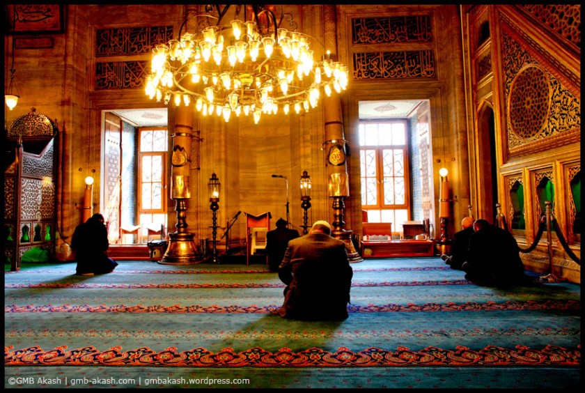 Muslims are praying inside Mosques of Istanbul, Turkey.
